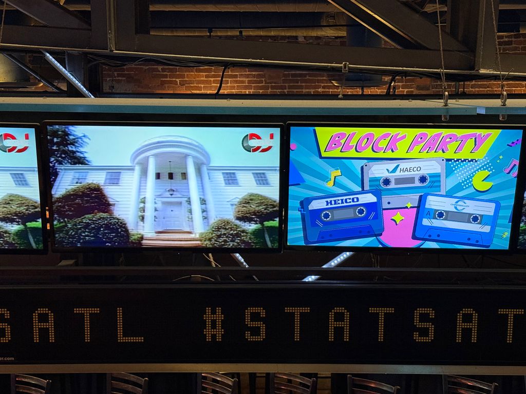 Three screens displaying house and block party.